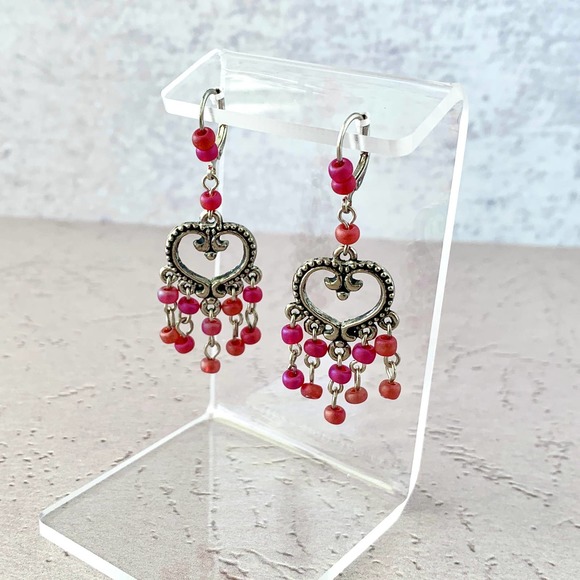 Gentle Loving Soul Iridescent Red Heart Chandelier Earrings - Picture 2 of 4